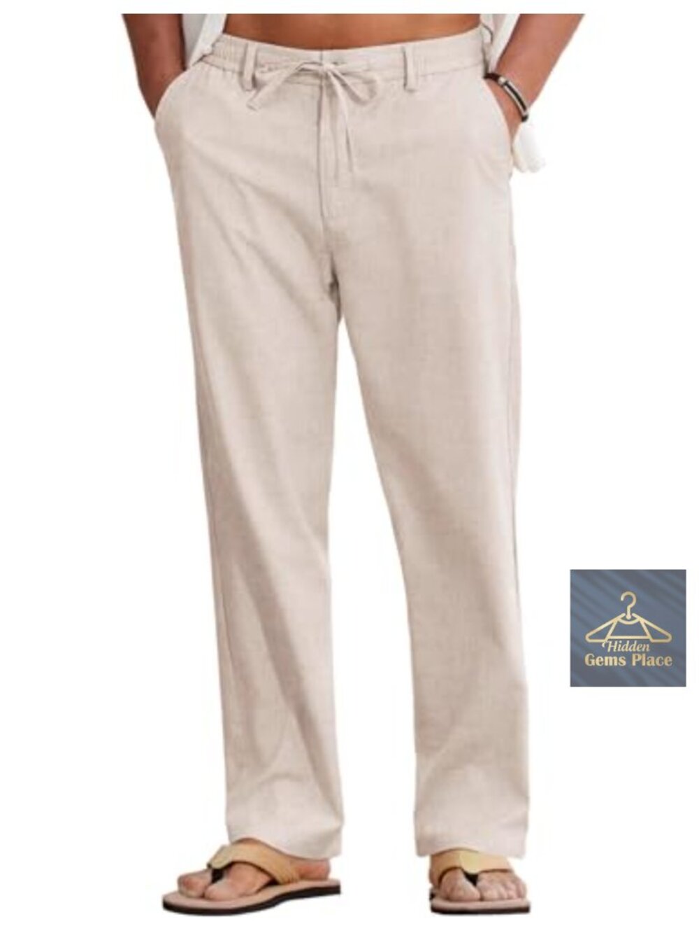 Mens Cotton Linen Drawstring Pants Lightweight Summer Beach
